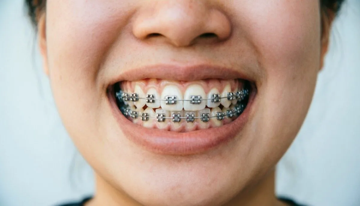 Traditional metal braces with brackets and wires used for teeth alignment