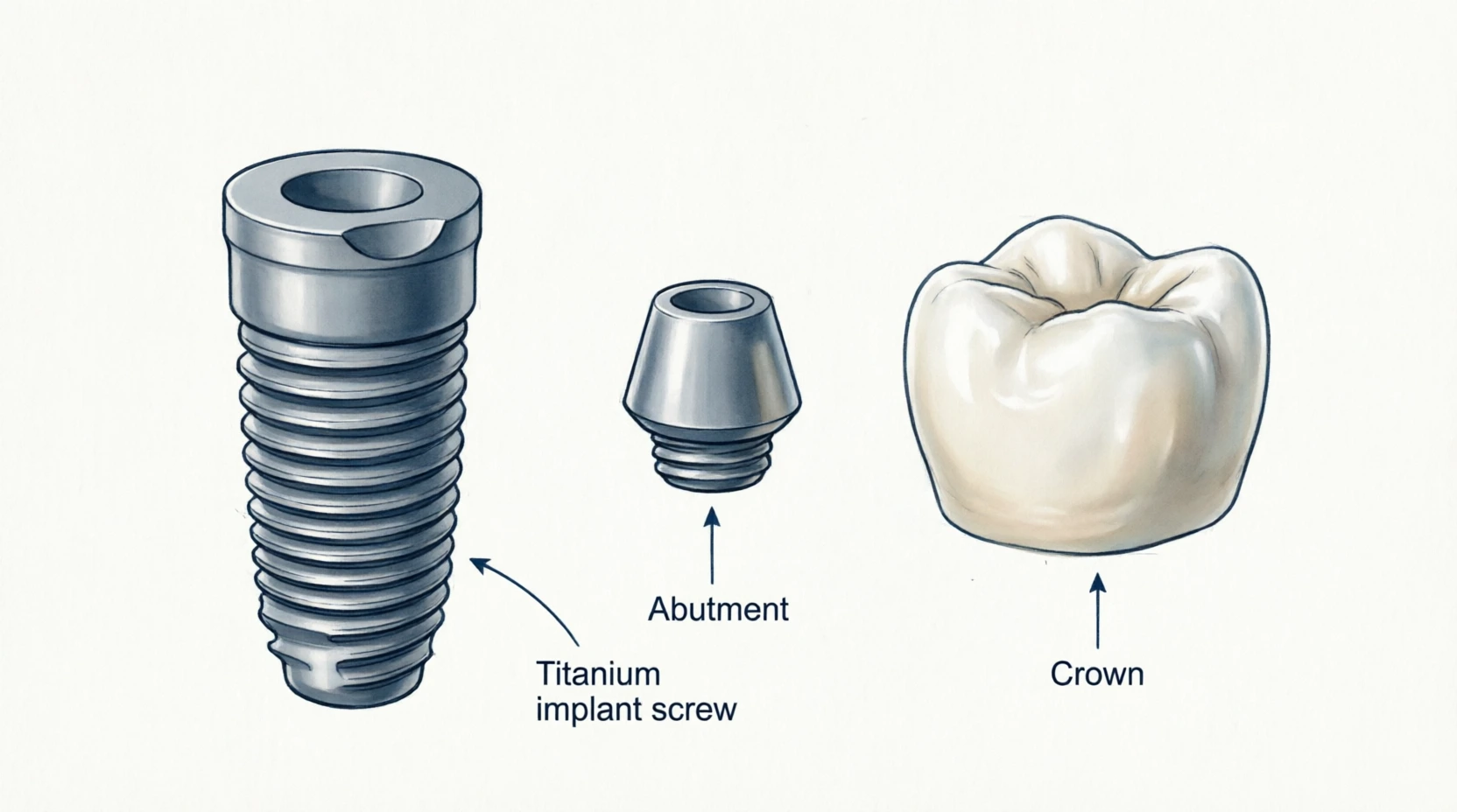Dental implant structure diagram showing implant abutment and crown
