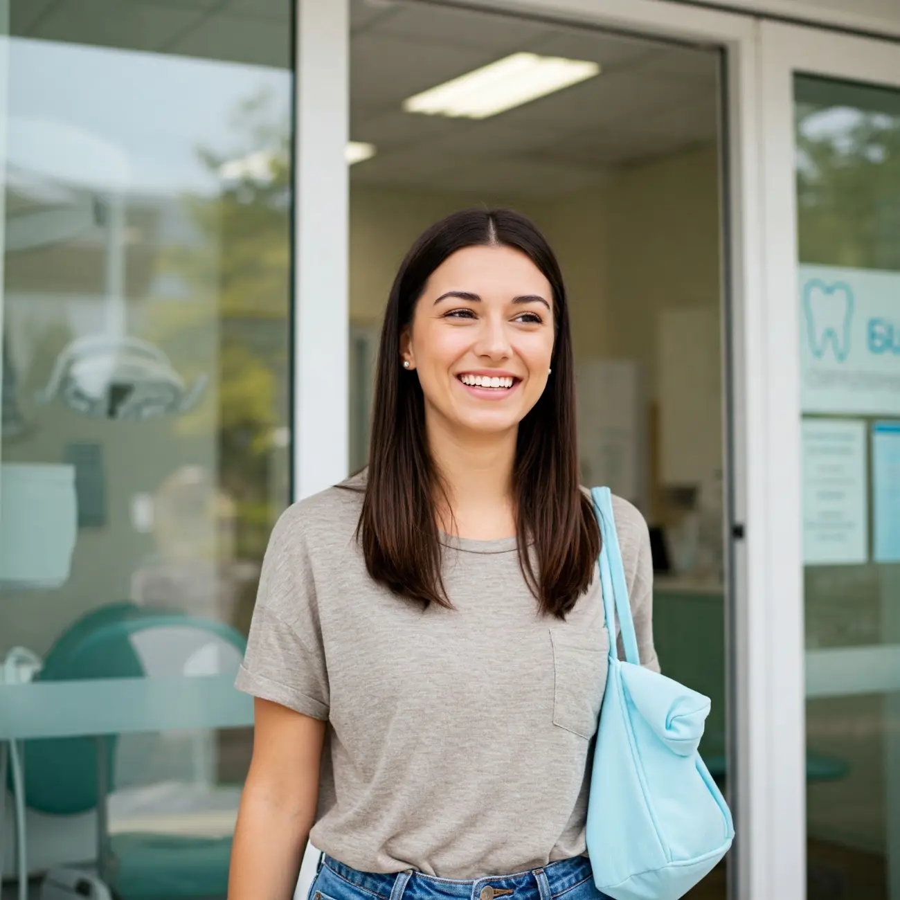 A patient leaving a dental office with a smile