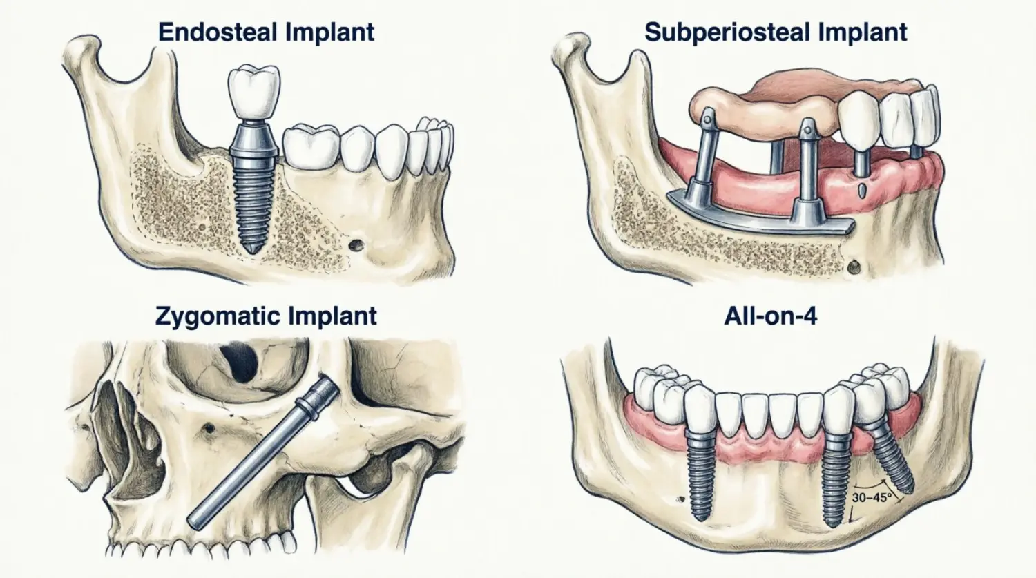 Types of dental implants in Delhi - endosteal, subperiosteal, zygomatic, all on 4