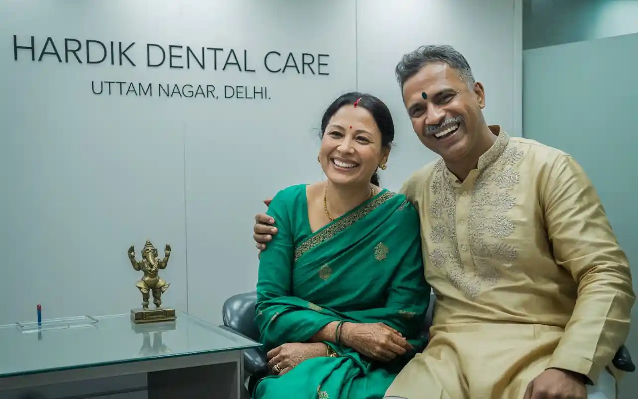 Post-Treatment Smile Confidence Patient smiling after crowns and bridges treatment at Hardik Dental Care